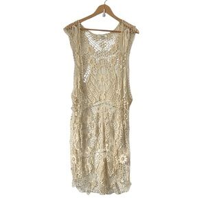 Ungee ivory lace crochet sleeveless BOHO Hippie Crochet Long Vest Top Sz L